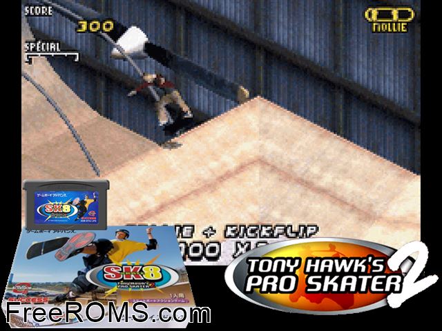 Sk8 - Tony Hawk's Pro Skater 2 (Japan) Gameboy Advance game showing 3D box cover and gameplay screenshot