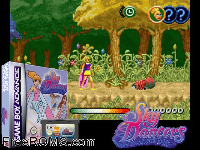 Sky Dancers Gameboy Advance game showing 3D box cover and gameplay screenshot