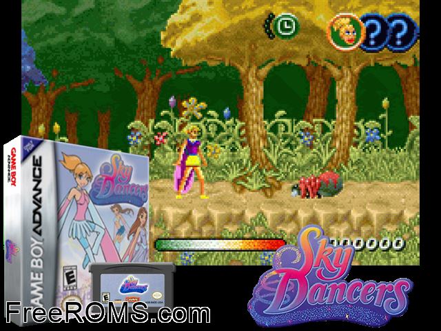 Sky Dancers - They Magically Fly! Gameboy Advance game showing 3D box cover and gameplay screenshot