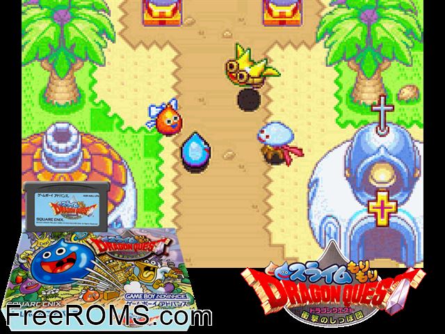 Slime Morimori Dragon Quest - Shougeki No Shippo Dan (Japan) Gameboy Advance game showing 3D box cover and gameplay screenshot