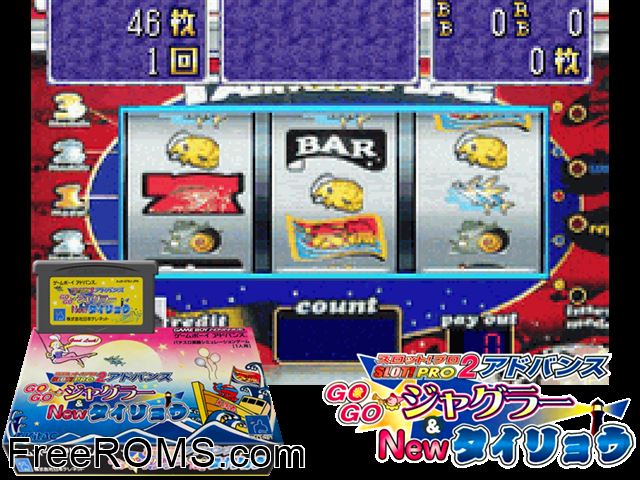 Slot! Pro 2 Advance - Gogo Juggler And New Tairyou (Japan) Gameboy Advance game showing 3D box cover and gameplay screenshot