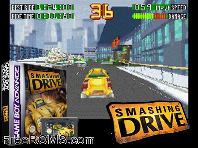Smashing Drive Gameboy Advance game showing 3D box cover and gameplay screenshot