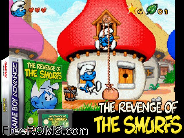 Smurfs, The - The Revenge Of The Smurfs Gameboy Advance game showing 3D box cover and gameplay screenshot
