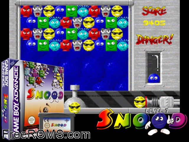 Snood Gameboy Advance game showing 3D box cover and gameplay screenshot