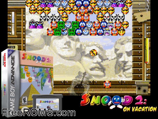 Snood 2 - Snoods On Vacation Gameboy Advance game showing 3D box cover and gameplay screenshot