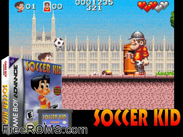 Soccer Kid Gameboy Advance game showing 3D box cover and gameplay screenshot