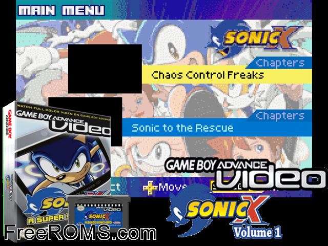 Sonic X - Volume 1 (Video) Gameboy Advance game showing 3D box cover and gameplay screenshot