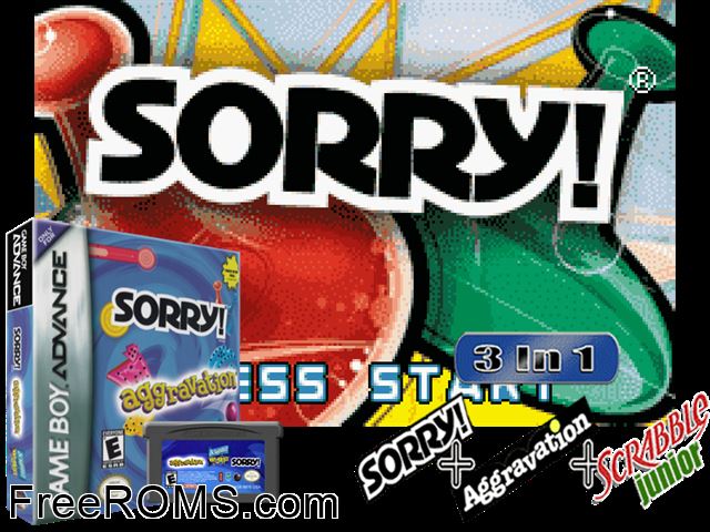Sorry!, Aggravation, Scrabble Junior Gameboy Advance game showing 3D box cover and gameplay screenshot