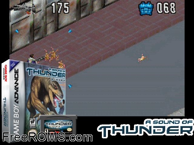 Sound Of Thunder, A Gameboy Advance game showing 3D box cover and gameplay screenshot