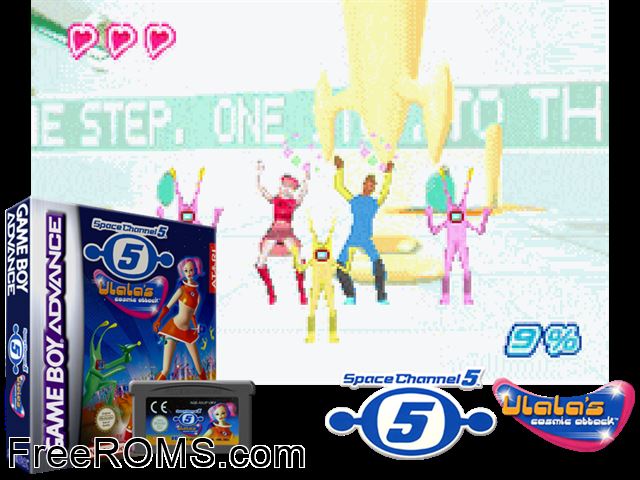 Space Channel 5 - Ulala's Cosmic Attack Gameboy Advance game showing 3D box cover and gameplay screenshot