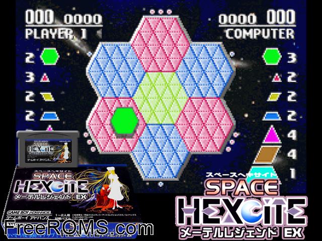Space Hexcite - Maetel Legend Ex (Japan) Gameboy Advance game showing 3D box cover and gameplay screenshot