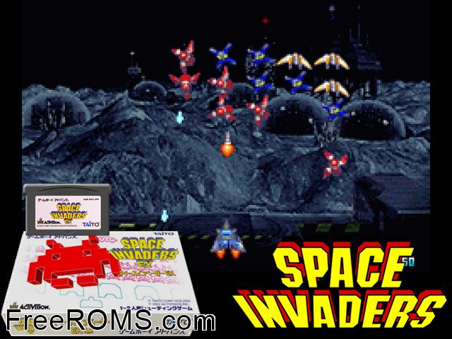 Space Invaders Ex (Japan) Gameboy Advance game showing 3D box cover and gameplay screenshot