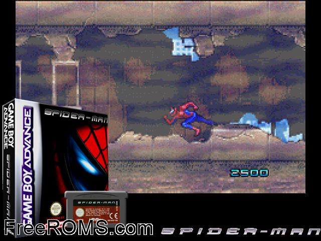 Spider-Man (France) Gameboy Advance game showing 3D box cover and gameplay screenshot