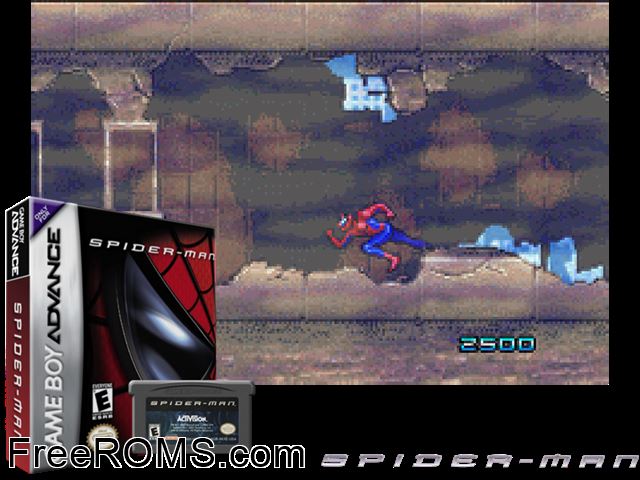 Spider-Man (Germany) Gameboy Advance game showing 3D box cover and gameplay screenshot