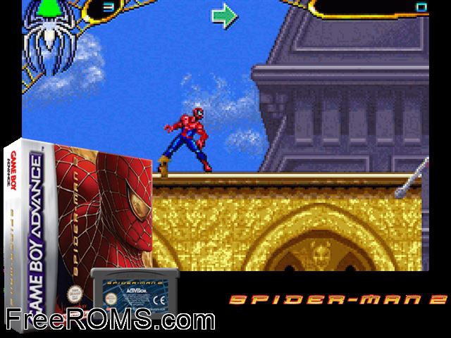 Spider-Man 2 Gameboy Advance game showing 3D box cover and gameplay screenshot