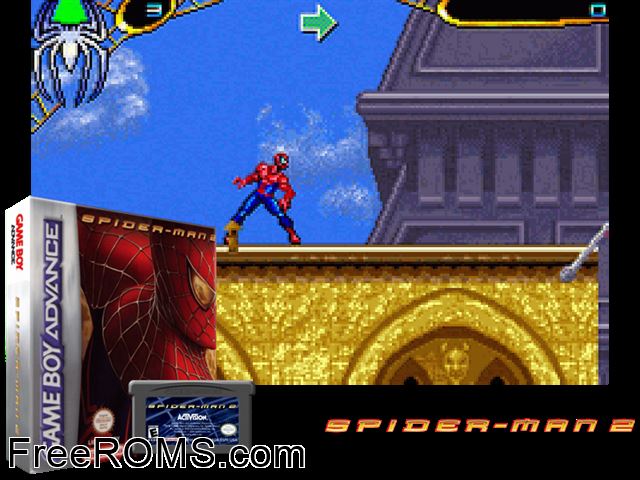 Spider-Man 2 (Italy) Gameboy Advance game showing 3D box cover and gameplay screenshot