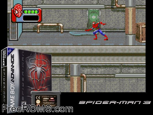 Spider-Man 3 Gameboy Advance game showing 3D box cover and gameplay screenshot