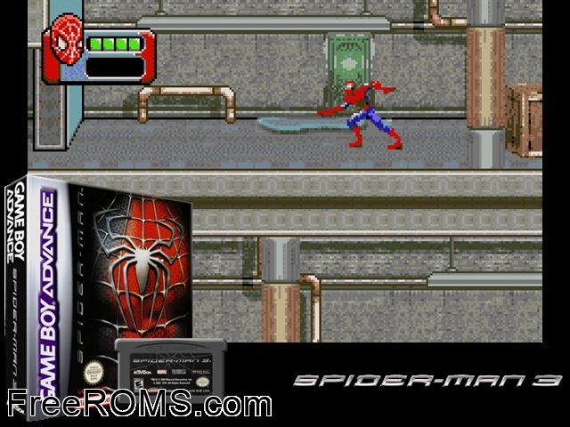 Spider-Man 3 (France) Gameboy Advance game showing 3D box cover and gameplay screenshot