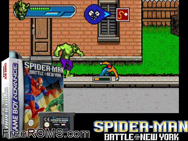 Spider-Man Battle For New York Gameboy Advance game showing 3D box cover and gameplay screenshot