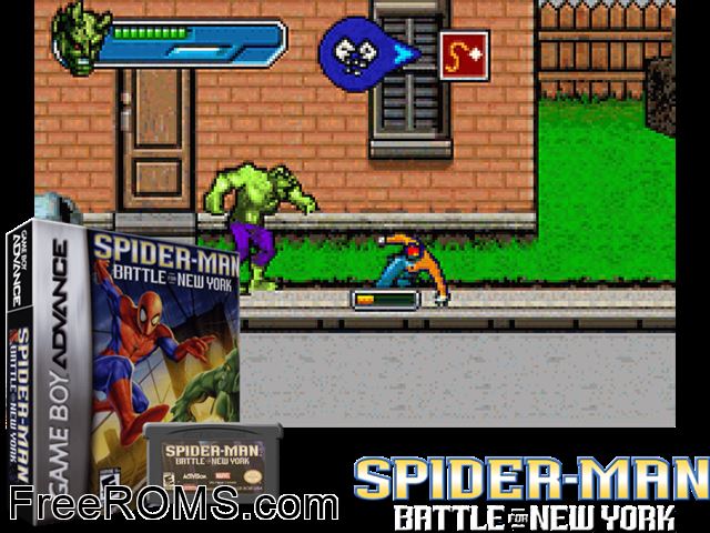 Spider-Man - Battle For New York Gameboy Advance game showing 3D box cover and gameplay screenshot