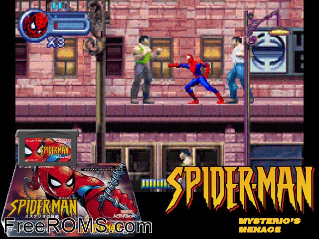 Spider-Man - Mysterio No Kyoui (Japan) Gameboy Advance game showing 3D box cover and gameplay screenshot