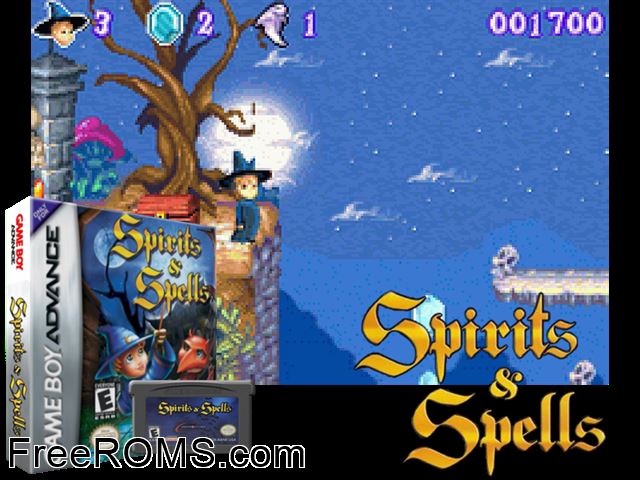 Spirits And Spells Gameboy Advance game showing 3D box cover and gameplay screenshot
