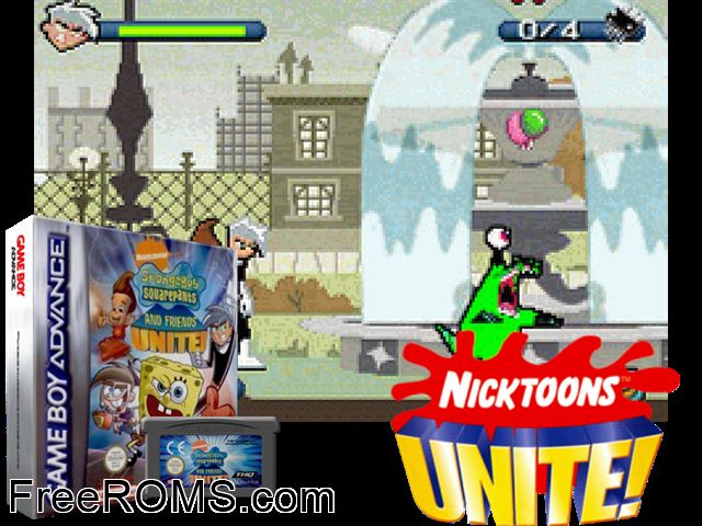 Spongebob Squarepants And Friends Unite! Gameboy Advance game showing 3D box cover and gameplay screenshot