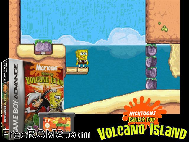 Spongebob Squarepants And Friends - Battle For Volcano Island Gameboy Advance game showing 3D box cover and gameplay screenshot