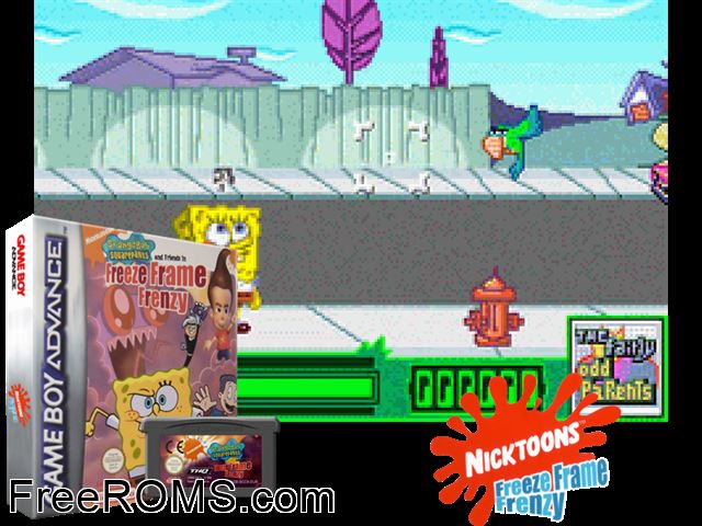 Spongebob Squarepants And Friends - Freeze Frame Frenzy Gameboy Advance game showing 3D box cover and gameplay screenshot