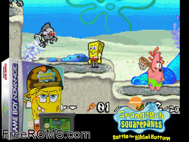 Spongebob Squarepants - Battle For Bikini Bottom Gameboy Advance game showing 3D box cover and gameplay screenshot