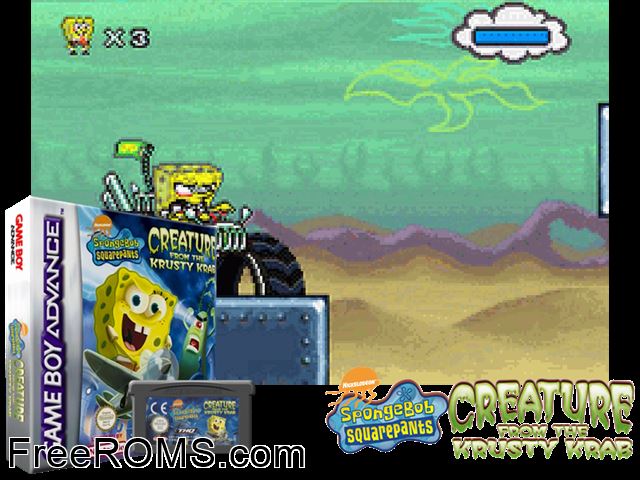 Spongebob Squarepants - Creature From The Krusty Krab Gameboy Advance game showing 3D box cover and gameplay screenshot