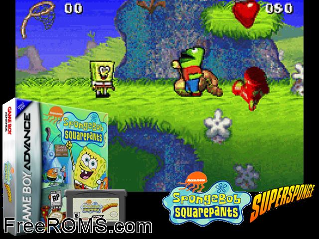 Spongebob Squarepants - Supersponge Gameboy Advance game showing 3D box cover and gameplay screenshot