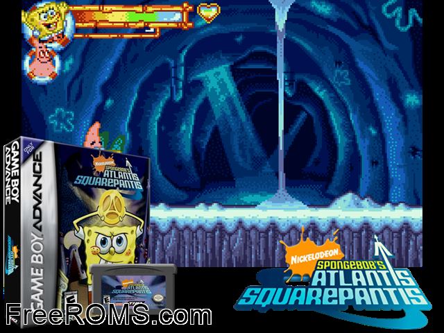 Spongebob's Atlantis Squarepantis Gameboy Advance game showing 3D box cover and gameplay screenshot