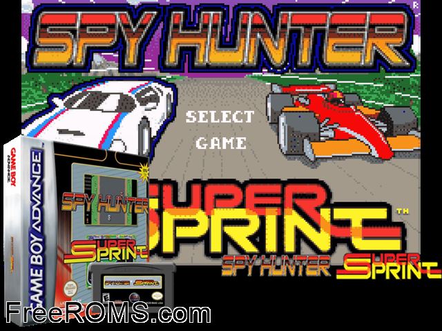 Spy Hunter, Super Sprint Gameboy Advance game showing 3D box cover and gameplay screenshot