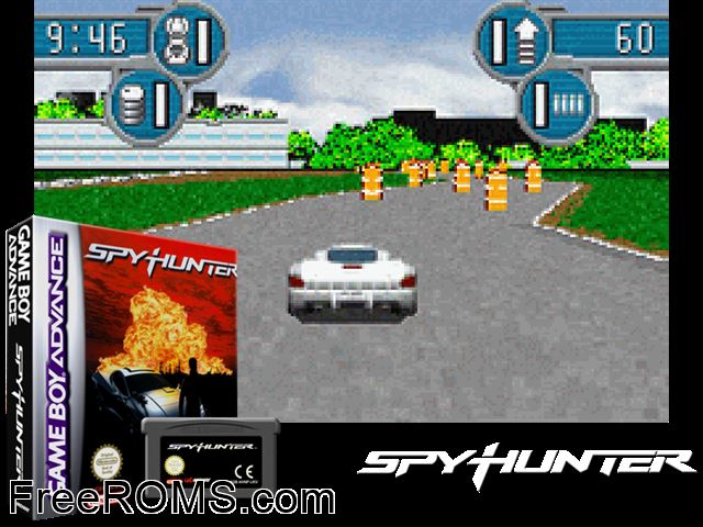 Spyhunter Gameboy Advance game showing 3D box cover and gameplay screenshot