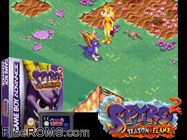 Spyro 2 - Season Of Flame Gameboy Advance game showing 3D box cover and gameplay screenshot