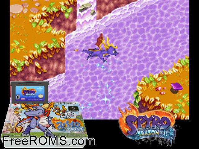 Spyro Advance (Japan) Gameboy Advance game showing 3D box cover and gameplay screenshot