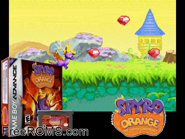 Spyro Orange - The Cortex Conspiracy Gameboy Advance game showing 3D box cover and gameplay screenshot
