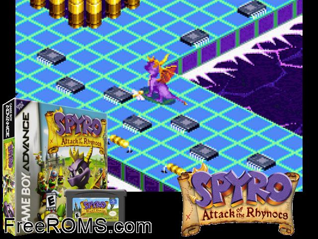 Spyro - Attack Of The Rhynocs Gameboy Advance game showing 3D box cover and gameplay screenshot