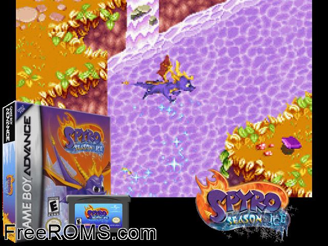 Spyro - Season Of Ice Gameboy Advance game showing 3D box cover and gameplay screenshot