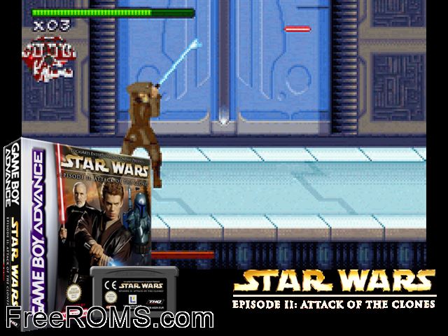 Star Wars Episode II - Attack Of The Clones Gameboy Advance game showing 3D box cover and gameplay screenshot