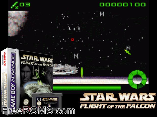 Star Wars - Flight Of The Falcon Gameboy Advance game showing 3D box cover and gameplay screenshot