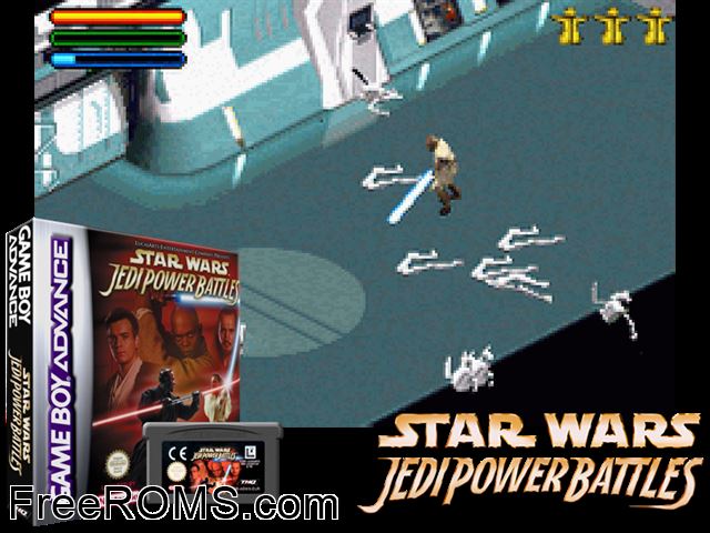 Star Wars - Jedi Power Battles Gameboy Advance game showing 3D box cover and gameplay screenshot