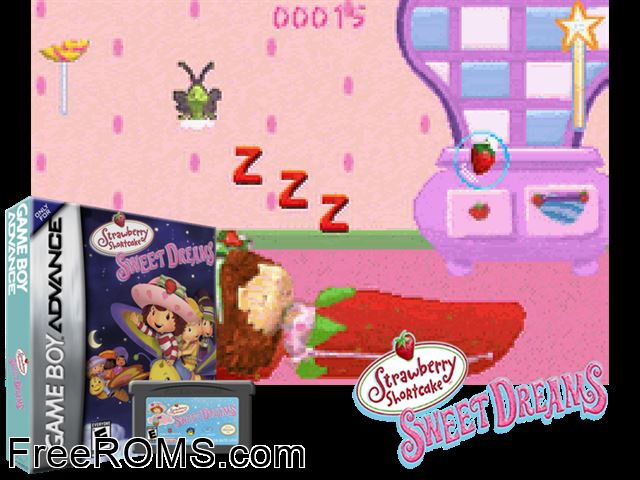 Strawberry Shortcake Sweet Dreams Gameboy Advance game showing 3D box cover and gameplay screenshot