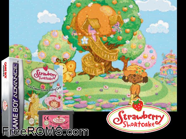 Strawberry Shortcake - Ice Cream Island - Riding Camp Gameboy Advance game showing 3D box cover and gameplay screenshot