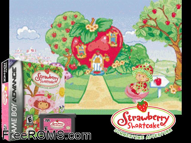 Strawberry Shortcake - Summertime Adventure Gameboy Advance game showing 3D box cover and gameplay screenshot