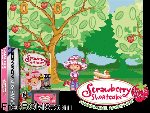 Strawberry Shortcake - Summertime Adventure - Special Edition Gameboy Advance game showing 3D box cover and gameplay screenshot