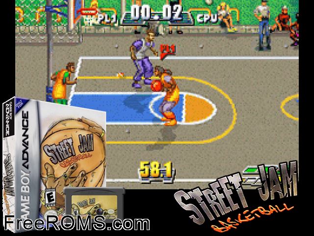 Street Jam Basketball Gameboy Advance game showing 3D box cover and gameplay screenshot