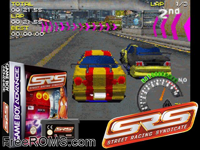 Street Racing Syndicate Gameboy Advance game showing 3D box cover and gameplay screenshot