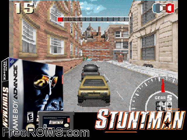 Stuntman Gameboy Advance game showing 3D box cover and gameplay screenshot
